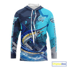 Load image into Gallery viewer, Marlin Fishing Blue Camo Custom Name Long Sleeve, Long Sleeve Hooded Fishing Shirt NHT453