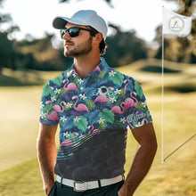 Load image into Gallery viewer, Flamingo Mens Golf Ball Polo Shirts, Colorful Tropical Flamingo Pattern, Tropical Golf Shirt NHT668