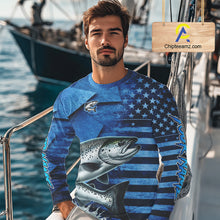 Load image into Gallery viewer, Chinook Salmon Fishing Shirts Long Sleeve With American Flag, Personalized Salmon Fishing Gift For Father Days NHT682