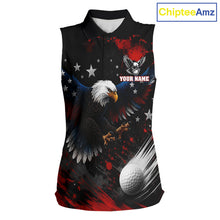 Load image into Gallery viewer, Sleeveless women golf polo with American Flag Eagle design - red white blue front view
