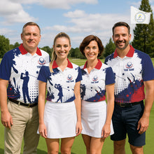 Load image into Gallery viewer, Four people in American flag patriotic graphic white golf polo shirt on a golf course.