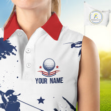 Load image into Gallery viewer, Womens Sleeveless Golf Polo Shirt American Flag Patriotic Custom Name White Golf Shirt, Golf Gift NBT812