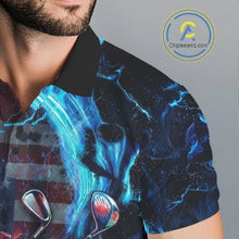 Load image into Gallery viewer, Close-up of American flag graphic on mens black golf polo shirt