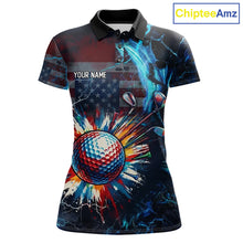 Load image into Gallery viewer, Front view of American Flag womens golf polo shirt custom name black