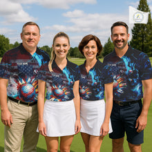 Load image into Gallery viewer, Four people wearing American flag graphic on black golf polo shirts on a golf course.