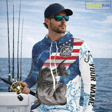 Load image into Gallery viewer, Blue Camo Bass Fishing American Flag Fishing Shirt, Bass Fishing Shirts Long Sleeve with Hood NBT458