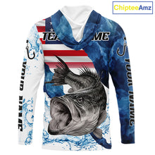 Load image into Gallery viewer, Blue Camo Bass Fishing American Flag Fishing Shirt, Bass Fishing Shirts Long Sleeve with Hood NBT458