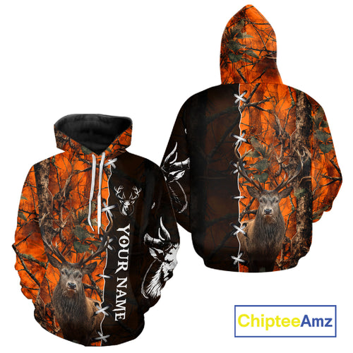 Orange Camo Deer Hunting Hoodie, Longsleeve Shirt for Whitetail Deer Season, Hunter Gifts NBT11