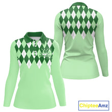 Load image into Gallery viewer, Green Argyle Plaid Pattern Womens Golf Polo Shirt Custom Golf Polo Shirt For Ladies, Golfing Gifts NBT594