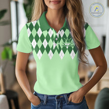 Load image into Gallery viewer, Green Argyle Plaid Pattern Womens Golf Polo Shirt Custom Golf Polo Shirt For Ladies, Golfing Gifts NBT594