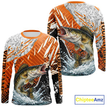 Load image into Gallery viewer, Walleye Fishing Shirts Long Sleeve Orange Camo, Personalized Walleye Fishing Jerseys NBT406