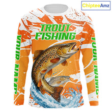Load image into Gallery viewer, Big Brown Trout Fishing Shirts Long Sleeve Orange Camo Custom Name, Tournament Fishing Jerseys NBT410