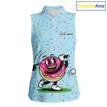 Load image into Gallery viewer, Funny Pink Donut Sleeveless Golf Polo Shirts For Womens, Golf Polo Shirts Custom Donut Pattern, Funny Golf Shirts NBT607
