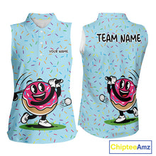Load image into Gallery viewer, Funny Pink Donut Sleeveless Golf Polo Shirts For Womens, Golf Polo Shirts Custom Donut Pattern, Funny Golf Shirts NBT607