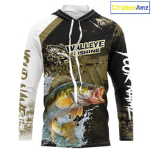 Load image into Gallery viewer, Green Camo Custom Walleye Fishing Shirt Long Sleeve Hooded, Walleye Fishing Jerseys NBT413