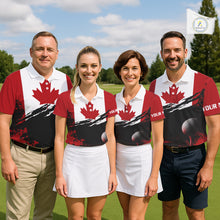 Load image into Gallery viewer,  Canada Flag Patriotic Mens Golf Polo Shirt for team golf group - multiple golfers wearing red white Canada flag Polo shirts, custom name available