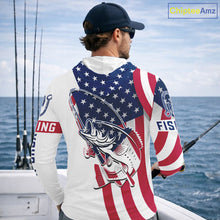 Load image into Gallery viewer, Hooded Bass Fishing American Flag Fishing Tournament Shirts, Personalized Bass Long Sleeve Fishing Jerseys NBT485