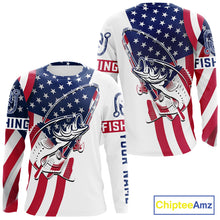 Load image into Gallery viewer, Bass Fishing American Flag Fishing Tournament Shirts, Personalized Bass Long Sleeve Fishing Jerseys NBT485