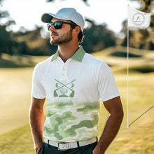 Load image into Gallery viewer, Green And White Camo Mens Golf Polo Shirts Customized Camouflage Golf Shirts For Men, Golfer Gifts NBT510