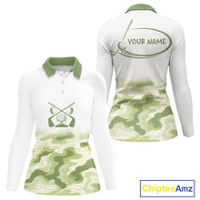 Load image into Gallery viewer, Green And White Camo Womens Golf Polo Shirts Customized Camouflage Golf Shirts For Ladies, Golfer Gifts NBT510
