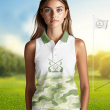 Load image into Gallery viewer, Green And White Camo Womens Sleeveless Golf Polo Shirts Customized Camouflage Golf Shirts For Women, Golfer Gifts NBT510