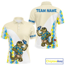 Load image into Gallery viewer, Funny alligator Hawaiian mens long sleeve golf polo shirt with argyle pattern - back view
