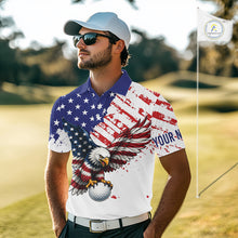 Load image into Gallery viewer, Man wearing a golf shirt with an American flag and eagle design on a golf course.