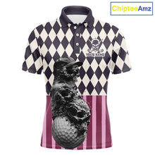 Load image into Gallery viewer, Front view of custom black pink argyle skull golf polo shirt for men