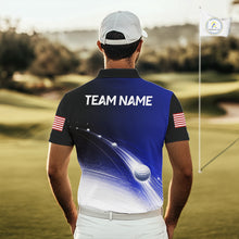 Load image into Gallery viewer, Golfer wearing blue golf ball American flag mens golf polo shirt on the course