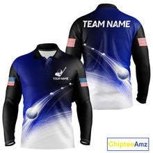 Load image into Gallery viewer, Front and back view of blue golf ball pattern American flag mens long sleeve golf polo shirt