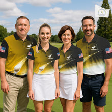 Load image into Gallery viewer, Mixed golf team wearing matching yellow golf ball American flag mens golf polo shirts