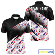 Load image into Gallery viewer, Front and back view of America 250th Anniversary mens golf polo shirt with patriotic USA flag design with personalized name