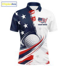 Load image into Gallery viewer, Front view of personalized white golf polo men shirt with American flag 4th July