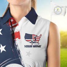 Load image into Gallery viewer, Close-up American flag print detail on white 4th July women sleeveless golf polo 