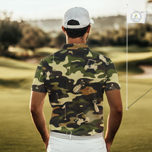 Load image into Gallery viewer, Green Camo Mens Golf Polo Shirts Custom Golf Attire For Men, Personalized Golfer Gifts NBT626