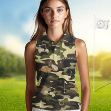 Load image into Gallery viewer, Green Camo Womens Sleeveless Golf Polo Shirts Custom Golf Attire For Ladies, Personalized Golfer Gifts NBT626