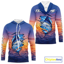 Load image into Gallery viewer, Front and back view Marlin Fishing Sunset custom long sleeve hooded fishing shirt, marlin offshore fishing apparel with sunset marlin graphic and personalized name