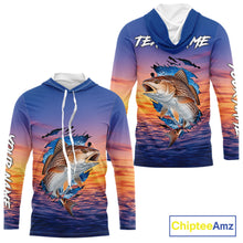 Load image into Gallery viewer, Front and back view Redfish Fishing Sunset custom long sleeve hooded fishing shirt, redfish offshore fishing apparel with sunset redfish graphic