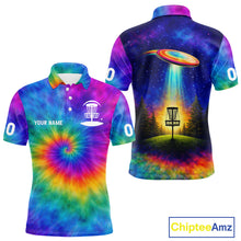 Load image into Gallery viewer, Mens Disc Golf Polo Shirts with Colorful Tie Dye Background Custom Disc Golf Team Shirt, Disc Golf Gift NBT657