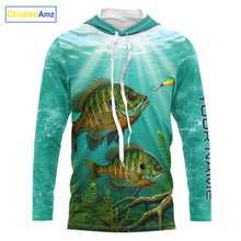 Load image into Gallery viewer, Front view Custom Bluegill Fishing Jersey long sleeve hooded tournament shirt, bluegill fishing jersey with UPF protection