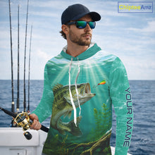 Load image into Gallery viewer, Angler wearing Custom Bass Fishing Jersey long sleeve hooded tournament fishing shirt with personalized name on the sleeve.