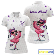 Load image into Gallery viewer, White polo shirt with pink flamingo design and 'Team Name' text