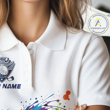 Load image into Gallery viewer, Womens Golf Polo Shirt Watercolor Golfer Golf Pattern Custom Name White Golf Shirt, Golf Gifts NBT685