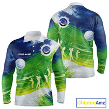 Load image into Gallery viewer, Mens Golf Polo Shirts Custom Name Blue And Green Golf Shirt, Tournament Golf Tops For Mens NBT546