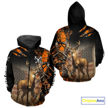 Load image into Gallery viewer, Deer Hunting Shirt Orange Forest Camo US Flag Custom Name Hoodie, Long Sleeve For Men NBT256
