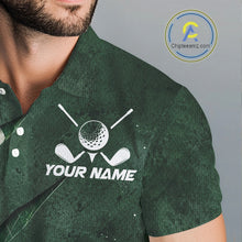 Load image into Gallery viewer, Close-up breathable fabric of green argyle pattern golf polo shirt with “Team Name” and cross golf clubs on the chest.