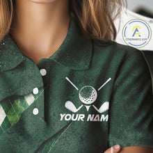 Load image into Gallery viewer, Close-up fabric detail of lightweight 100% polyester quick-dry golf polo shirt with golf clubs graphic and "Your Name" on the chest.