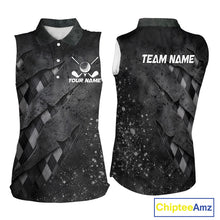 Load image into Gallery viewer, Front and back views of a womens gray argyle pattern sleeveless golf polo shirt, name text on the chest and team name on the back.