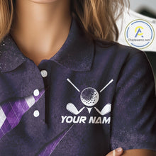 Load image into Gallery viewer, Close-up fabric detail of lightweight 100% polyester quick-dry golf polo shirt with golf clubs graphic and "Your Name" on the chest.