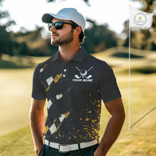 Load image into Gallery viewer, A golfer man in a golf course wearing a black, yellow argyle plaid pattern golf polo shirt with “Your Name” and a golf course graphic on the chest.